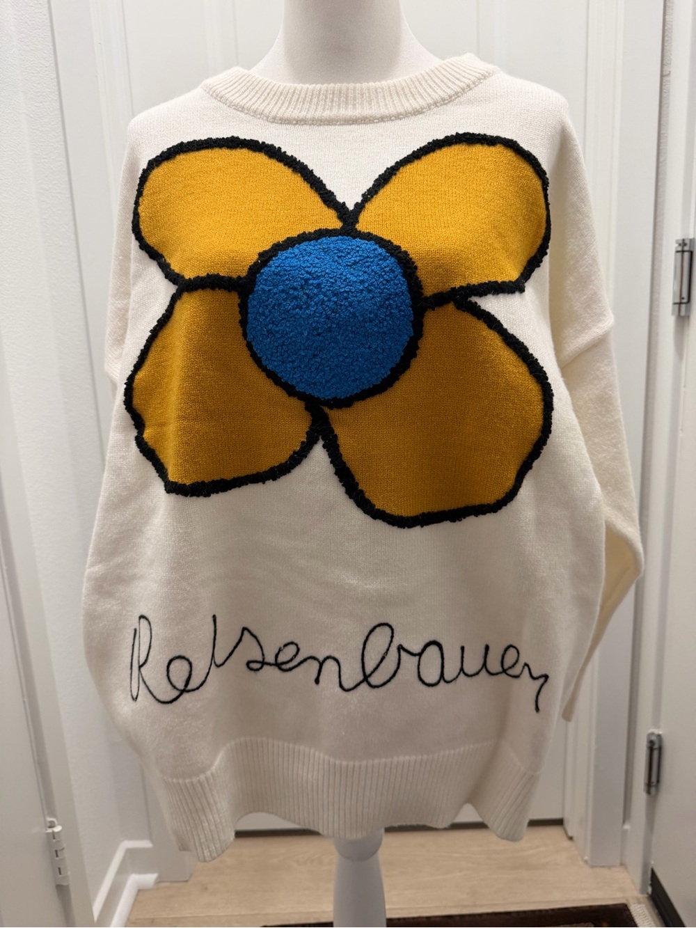 CHIN STUDIO Oversized Flower Knit Sweater White Yellow Blue Women’s Small